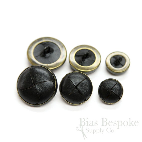 QUILLA Black Woven Leather & Antique Brass Buttons in Three Sizes, Made in Italy