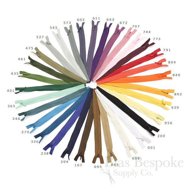 Ensembles de 12 fermetures à glissière invisibles en 5 longueurs et 32 couleurs, Bias Bespoke Brand