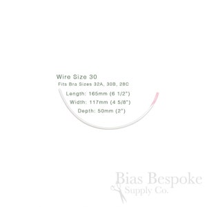 May include: A white bra underwire, size 30, with pink tips. The image includes text indicating the wire fits bra sizes 32A, 30B, and 28C. Measurements are: 165mm length, 117mm width, and 50mm depth. The Bias Bespoke Supply Co. logo is in the bottom right.