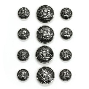 Sets of Antique Silver Sailing Ship Buttons in Two Sizes, Made in France