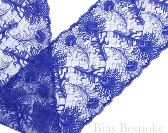 8" Wide Electric Blue Peacock Feather Stretch Leavers Lace, Made in France, Sold by the Yard