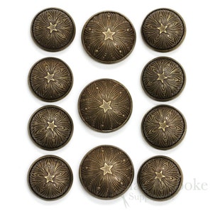 Sets of Exquisite Antique Brass Star Buttons in Two Sizes, Made in France