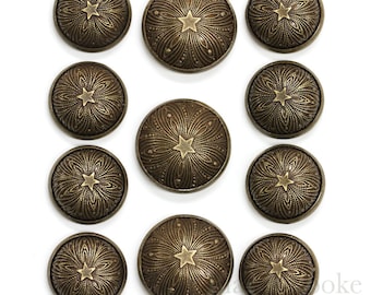 Sets of Exquisite Antique Brass Star Buttons in Two Sizes, Made in France