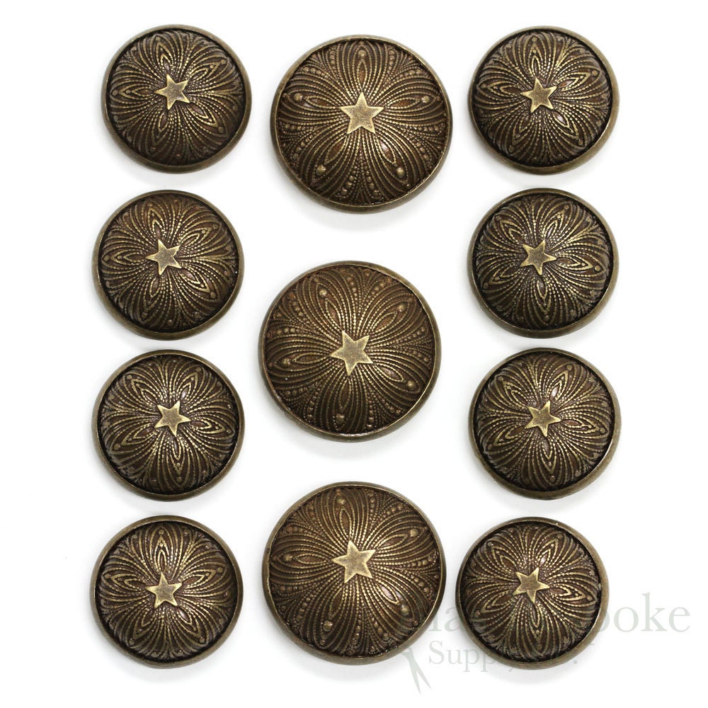 Sets of Exquisite Antique Brass Star Buttons in Two Sizes, Made in France 