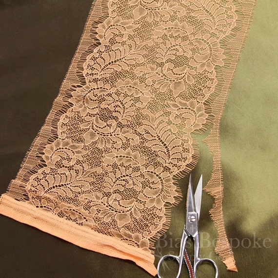 7 Wide Stretch Leavers Lace Trim in Apricot and Ivory, Made in