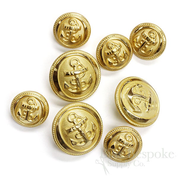 Sets of Hand-Polished Gold Anchor Buttons in Two Sizes, Made in France