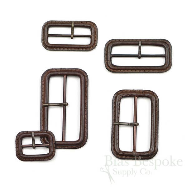 Dark Brown Leather Buckles with Antique Brass Pins, Made in Italy