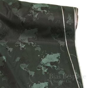 MONDO Italian 100% Cupro Bemberg Jacquard World Map Lining, Sold by the Yard Dark Green