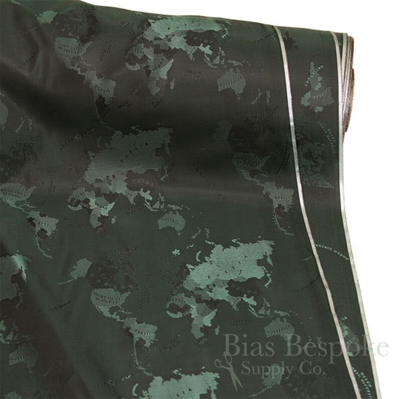 MONDO Italian 100% Cupro Bemberg Jacquard World Map Lining, Sold by the Yard Dark Green