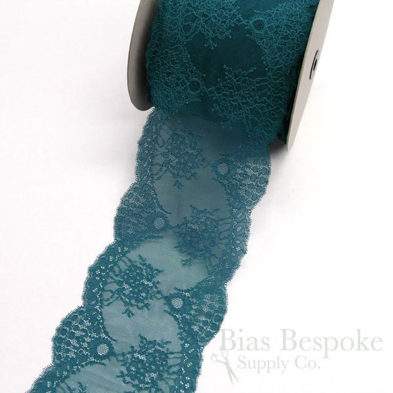7 1/2 Wide Stretch Leavers Teal Lace Trim, Made in France, Sold by the Yard  