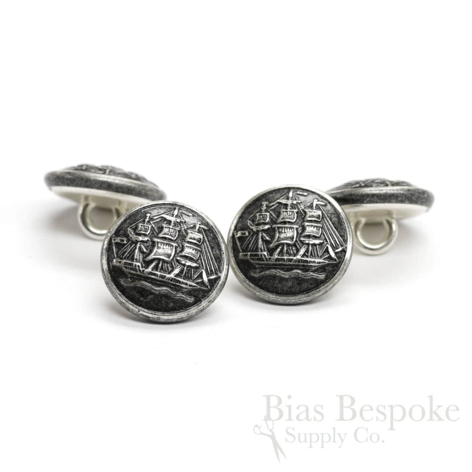 Ship Button Sets of Antique Silver Sailing Ship Buttons in Two Sizes, Made in ...