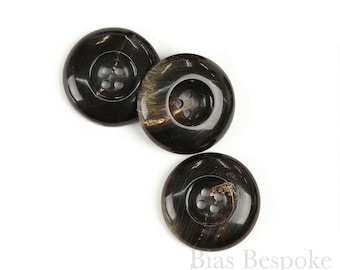 Set of 3 Thick Darkest Brown Real Horn Overcoat Buttons, Made in Germany