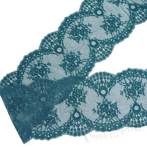 7 1/2&quot; Wide Stretch Leavers Teal Lace Trim, Made in France, Sold by the Yard