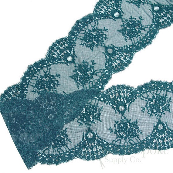 7 1/2 Wide Stretch Leavers Teal Lace Trim, Made in France, Sold by the Yard  -  Canada