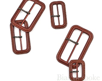 Red Brown Leather Buckles with Antique Brass Pins, Made in Italy