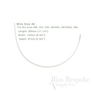 May include: A white bra underwire, size 46, with text indicating compatible bra sizes. The wire is curved and measures 285mm long, 170mm wide, and 97mm deep. The Bias Bespoke Supply Co. logo is in the bottom right.