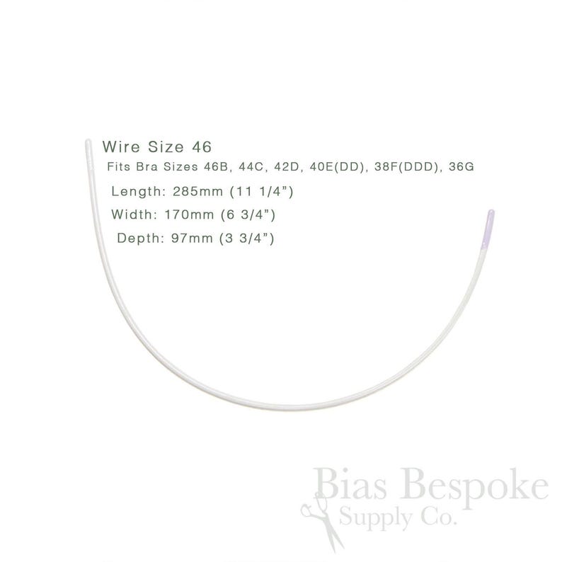 May include: A white bra underwire, size 46, with text indicating compatible bra sizes. The wire is curved and measures 285mm long, 170mm wide, and 97mm deep. The Bias Bespoke Supply Co. logo is in the bottom right.