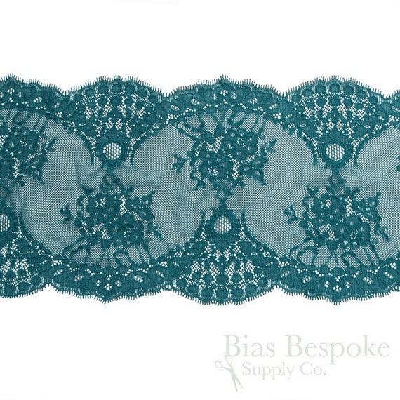7 1/2 Wide Stretch Leavers Teal Lace Trim, Made in France, Sold by the Yard  -  Canada