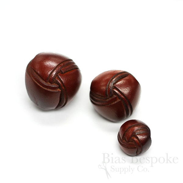 TELLA Red Brown Double Woven Leather Buttons in Three Sizes, Made in Italy