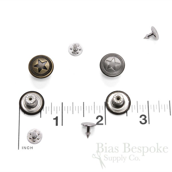 Set of 12 Classic 15mm Three Ring Star Jeans Buttons