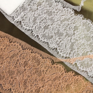 7" Wide Stretch Leavers Lace Trim in Apricot and Ivory, Made in France, Sold by the Yard