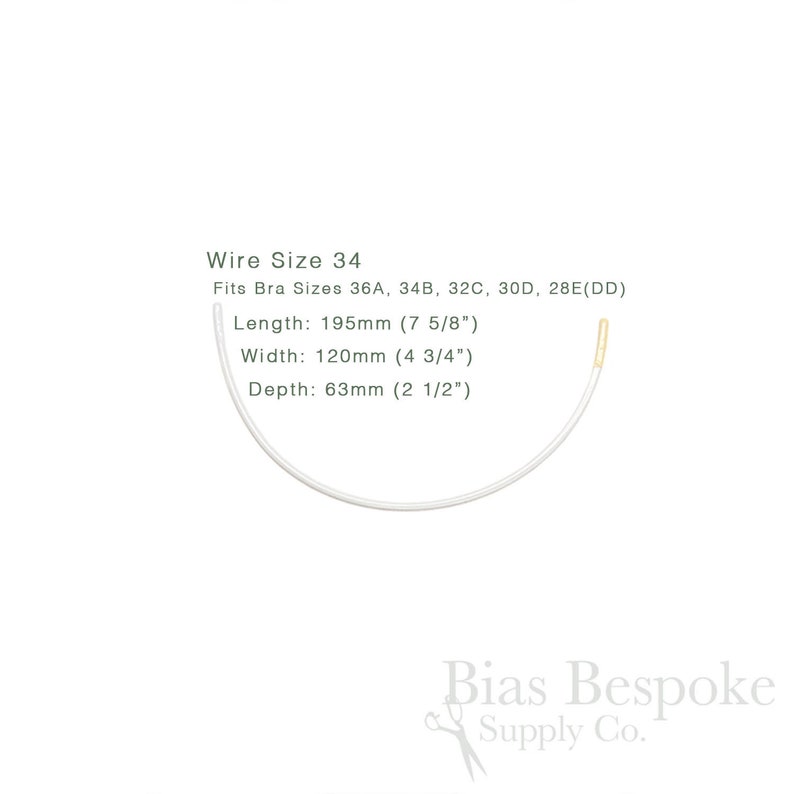 May include: A white bra underwire, size 34, with gold-coloured tips. The image includes text indicating the wire fits bra sizes 36A, 34B, 32C, 30D, and 28E(DD). Measurements are: 195mm long, 120mm wide, and 63mm deep.
