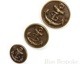 Sets of Handsome Antique Brass Anchor Buttons in Three Sizes, Made in France