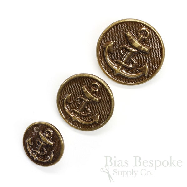 Sets of Handsome Antique Brass Anchor Buttons in Three Sizes, Made in France