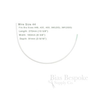 May include: A white, curved bra underwire with a green tip. The image includes text indicating the wire size is 44, with measurements of 270mm length, 163mm width, and 91mm depth. The wire fits bra sizes 44B, 42C, 40D, 38E(DD), and 36F(DDD).