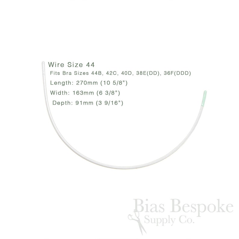 May include: A white, curved bra underwire with a green tip. The image includes text indicating the wire size is 44, with measurements of 270mm length, 163mm width, and 91mm depth. The wire fits bra sizes 44B, 42C, 40D, 38E(DD), and 36F(DDD).