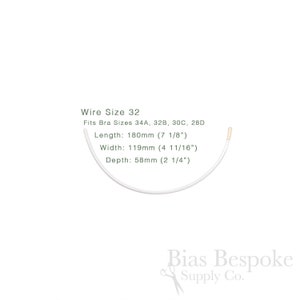 May include: A white bra underwire, size 32, with measurements: 180mm (7 1/8") length, 119mm (4 11/16") width, and 58mm (2 1/4") depth. Fits bra sizes 34A, 32B, 30C, and 28D. The text "Bias Bespoke Supply Co." is at the bottom.