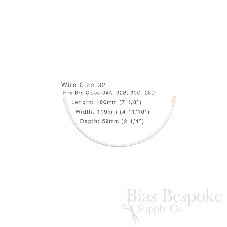 May include: A white bra underwire, size 32, with measurements: 180mm (7 1/8") length, 119mm (4 11/16") width, and 58mm (2 1/4") depth. Fits bra sizes 34A, 32B, 30C, and 28D. The text "Bias Bespoke Supply Co." is at the bottom.
