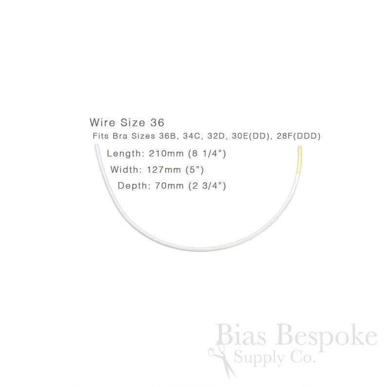 May include: A white bra underwire, size 36, with gold-coloured tips. The image includes text indicating the wire fits bra sizes 36B, 34C, 32D, 30E(DD), and 28F(DDD). Measurements are: length 210mm, width 127mm, and depth 70mm.