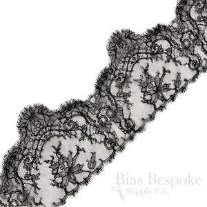 6" Wide Exquisite Leavers Lace in Black and Ivory, Made in France, Sold by the Yard
