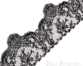 6" Wide Exquisite Leavers Lace in Black and Ivory, Made in France, Sold by the Yard