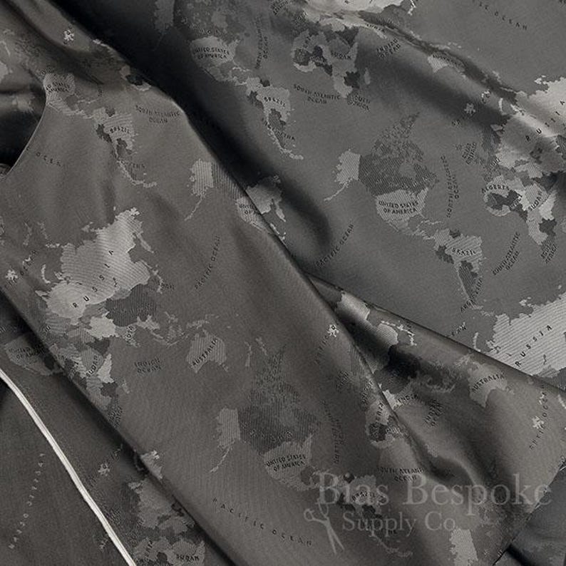 MONDO Italian 100% Cupro Bemberg Jacquard World Map Lining, Sold by the Yard Dark Gray