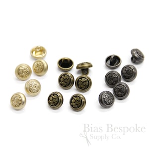 Set of 12 Tiny Metal Crest Buttons in Three Colors, Made in China