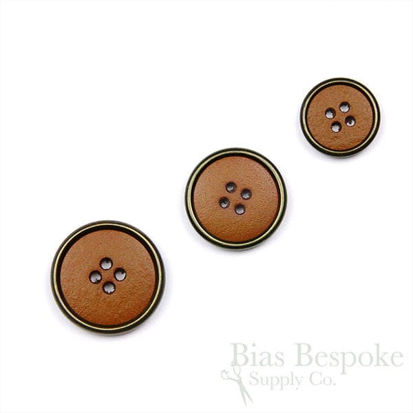 Caramel Colored Leather Suit and Coat Buttons with Metal Rims, Made in Italy