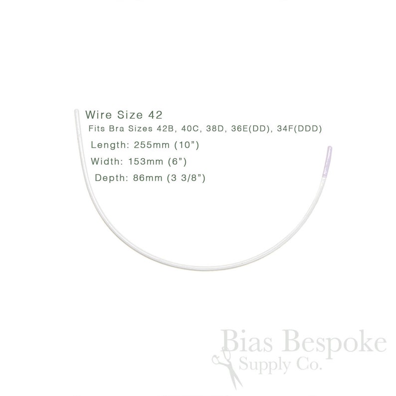 May include: A white bra underwire, size 42, with measurements: 255mm long, 153mm wide, and 86mm deep. The image text indicates the wire fits bra sizes 42B, 40C, 38D, 36E(DD), and 34F(DDD).