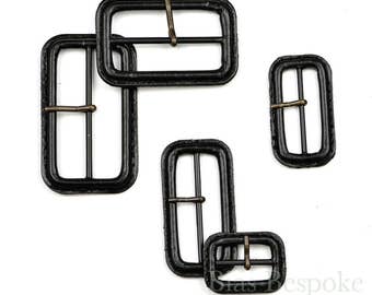 PELL Black Leather Buckles with Antique Brass Pins, Made in Italy
