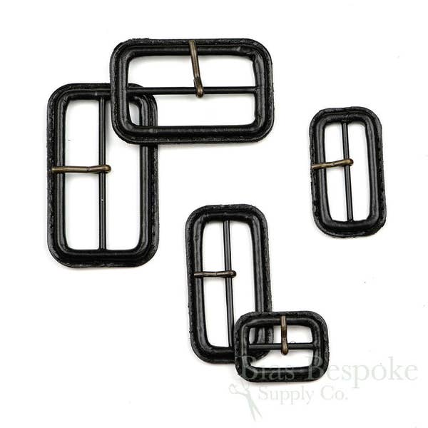 Black Leather Buckles with Antique Brass Pins, Made in Italy