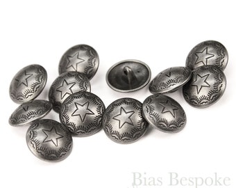 Set of 12 Western Star Buttons in Antique Silver, 30 Line