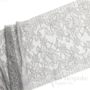 6 1/2&quot; Wide Pale Gray Stretch Leavers Lace Trim, Made in France, Sold by the Yard