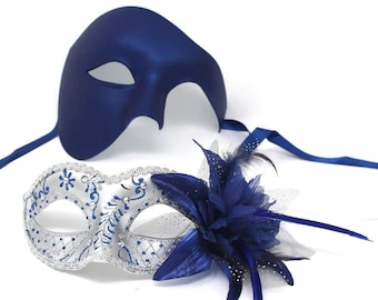 Blue and Silver Flower Phantom His and Hers Couple Masquerade Masks