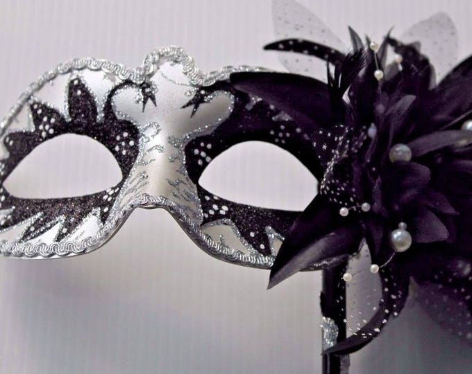 White and Black Swan Lake Mask on Stick with Pearlised Flower