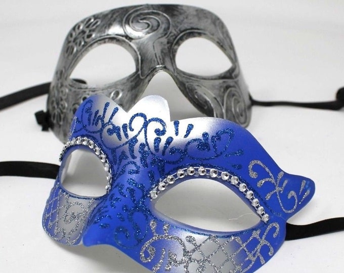 Blue and Silver His and Hers Couple Masquerade Masks