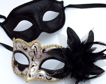 Straight Black and Gold Swirl Pair of Couples His and Hers Masquerade Masks