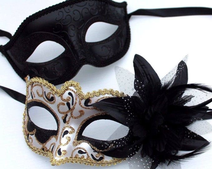 Straight Black and Gold Swirl Pair of Couples His and Hers Masquerade Masks