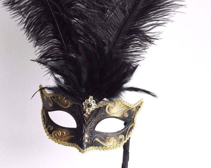 Black & Gold Tall Feather Mask on a Stick