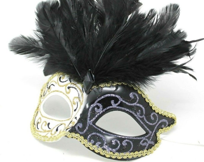 Glittering Black and Gold Feather Masquerade Mask